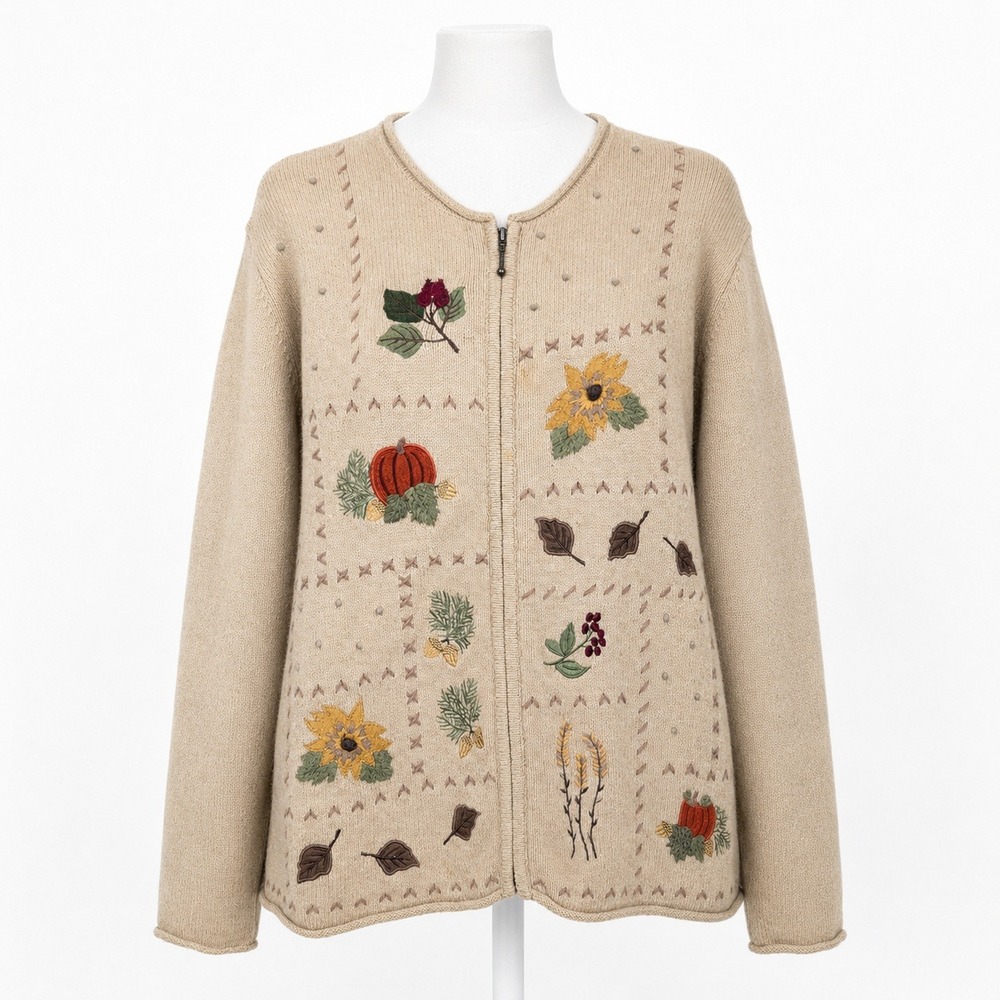 Vintage 90s Embroidered Fall Zip Sweater Sz XL Pumpkin Leaf Wool Angora Cottage